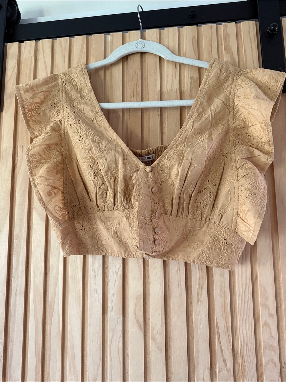 Amuse Society Mustard Eyelet Crop Top with Flutter Sleeves
